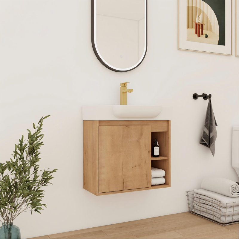 24'' Single Bathroom Vanity With Ceramic Top, Imitative Oak, 24"