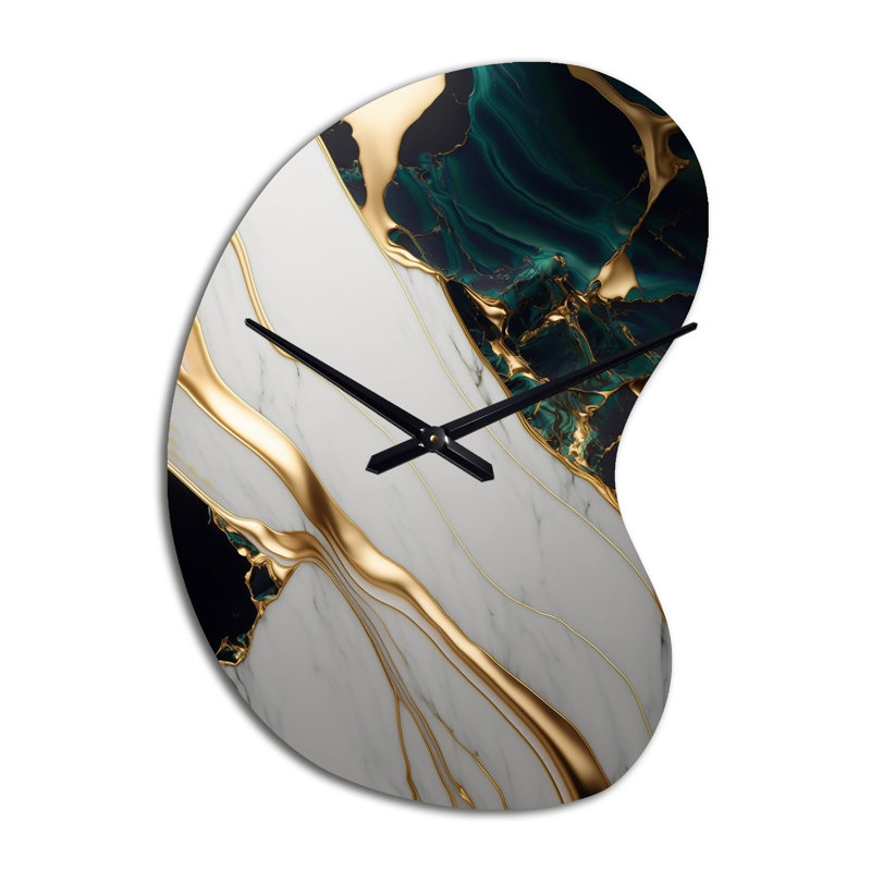 Horloge murale abstraite à motif géométrique abstrait en marbre doré et vert II, Grand
