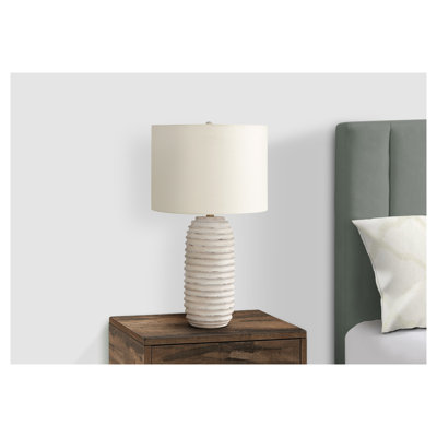 28 Inch Transitional Cream Resin Table Lamp with Ivory Linen Shade - Distressed Beehive Design