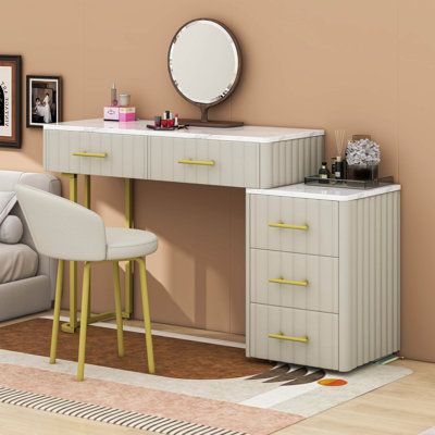 Bureau de coiffeuse en velours avec fauteuil rembourré, coiffeuse moderne à 5 tiroirs, armoire de rangement réglable gauche / droite