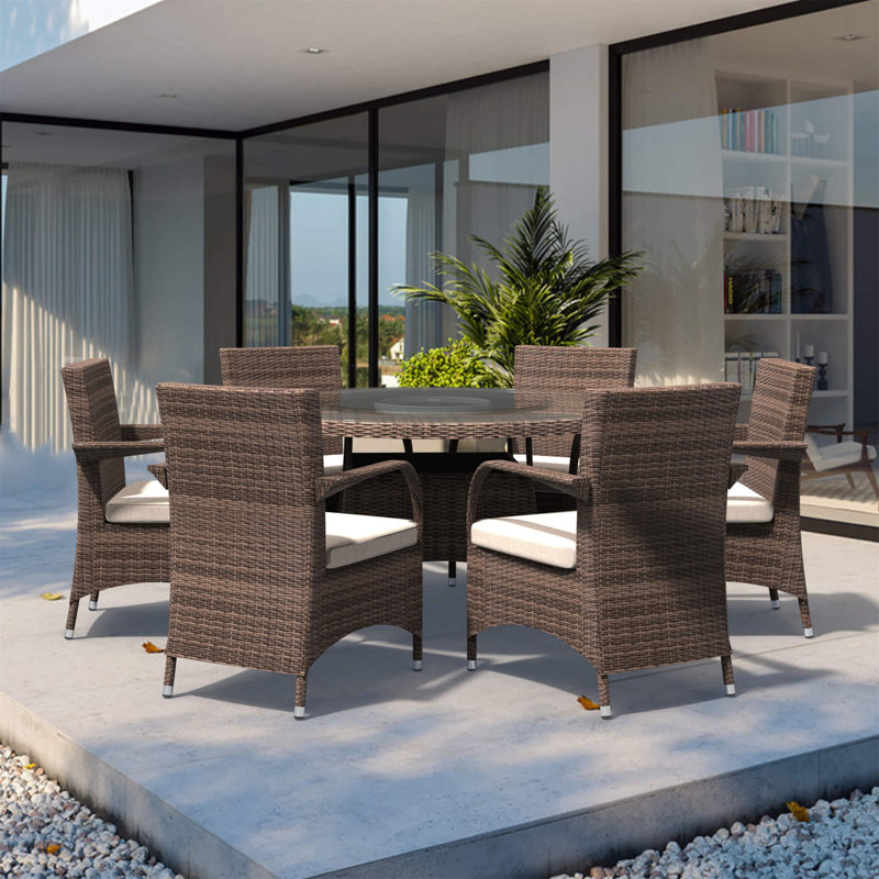 Hampton 7-piece Outdoor Dining Set With Round Table Pe Wicker And Cushions, Brown