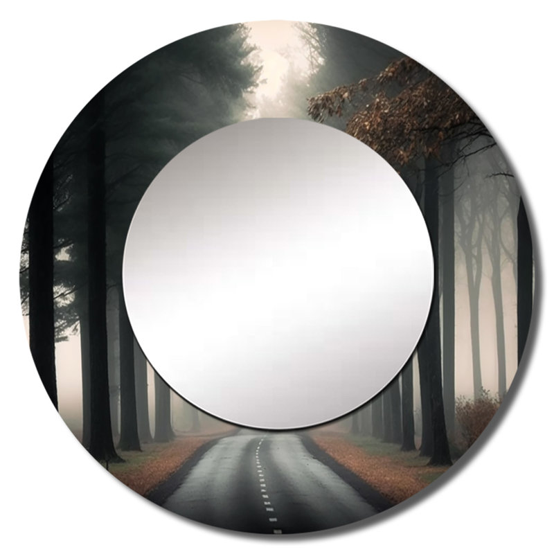Misty Road Through The Forest I - miroir forêt, miroir mural rond jaune, impression sur métal, 23 po x 23 po