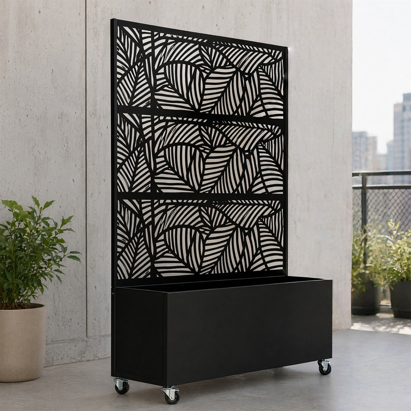 Rolling Privacy Screen with Planter Box, Leaf Pattern Metal Divider, Lockable Casters, Black