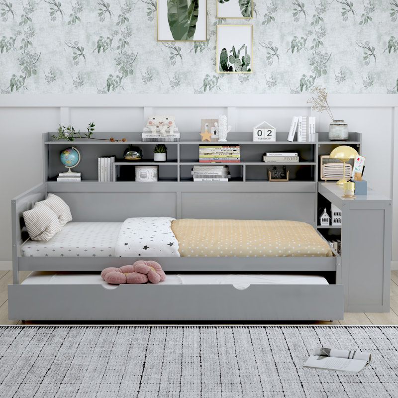 Lit de jour avec tablettes de rangement Kasten Lit multifonctionnel avec lit gigogne et bureau, Double, gris