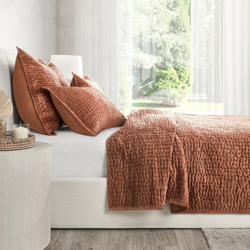 Bari 4-Piece Velvet Rayon Quilt Set, Queen Quilt + 2 Euro Shams, Terracotta