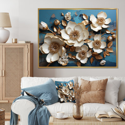 Orchidée dorée blanche et bleue, arbre II - Art mural floral abstrait