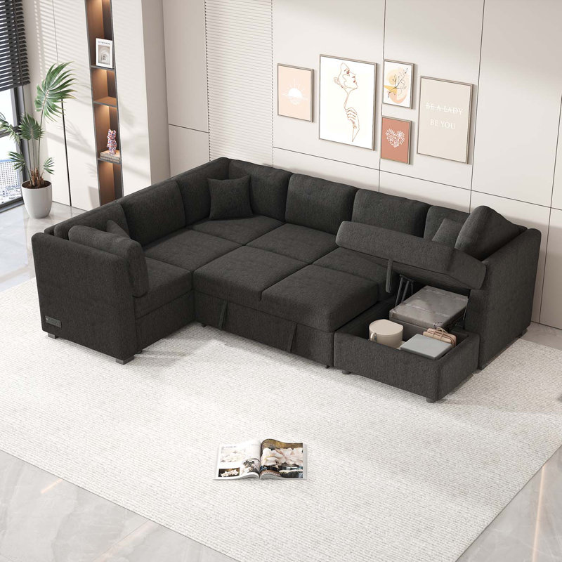 Canapé-lit modulaire en U Chenille de 108,6 po avec deux ports USB Wattripont, Chenille noir