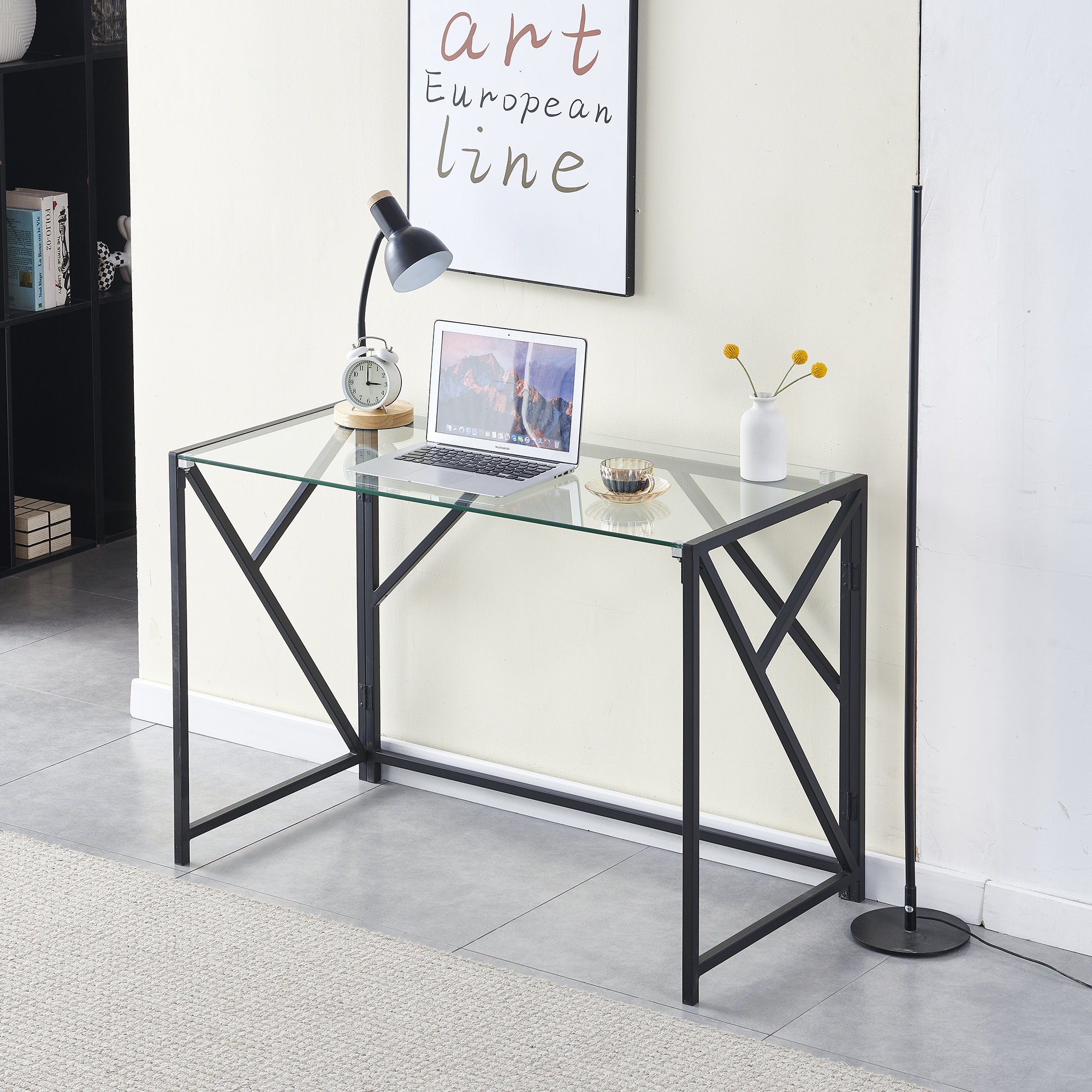 Ebern Designs Inger Folding Computer Desk, Clear Glass Top Computer
