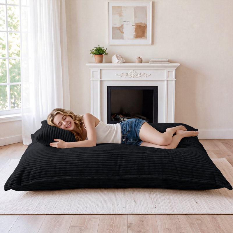 Fauteuil à billes convertible 80 po 3 en 1 avec coussin 80 po Black, Velours côtelé noir, 80"W x 59"D