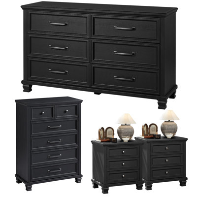 Farmhouse Bedroom Dresser and Nightstand Set of 4, 6 Drawer Tall & Low Dresser & 3 Drawer Nightstand Set with Wooden Legs, Rustic Wood Furniture Sets for Bedroom, Hallway