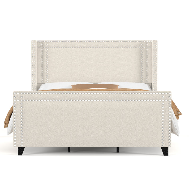 Structure de lit, lit plateforme tapissier en chenille avec tête de clou à deux rangées, Grand, Crème