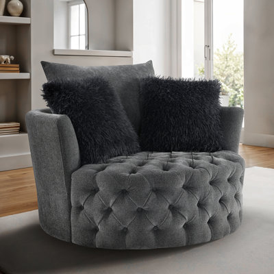 Transitional Style 1pc Button Tufted swivel Round Chair Barrel Style Arms Scattered back Pillow Primary Living Room