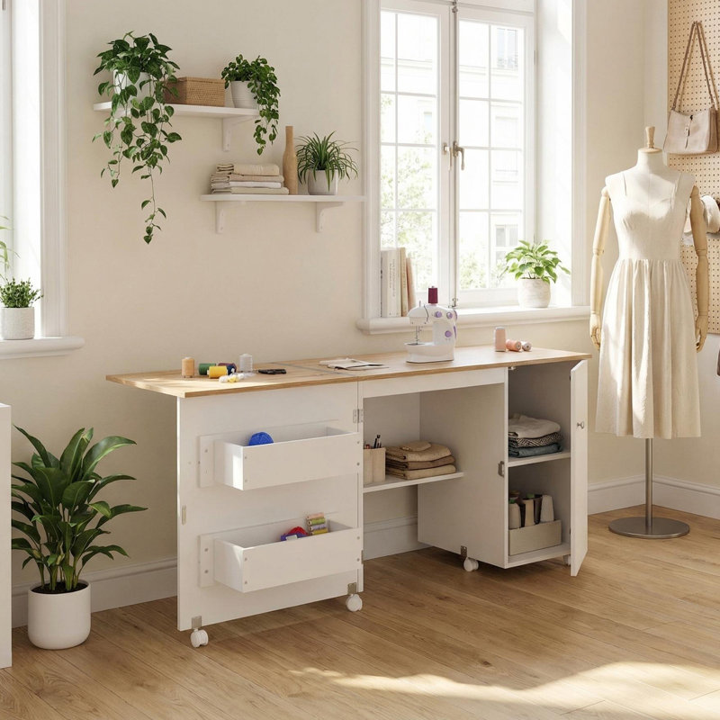 Grande table de couture pliante, table de machine à coudre avec tablettes de rangement, bureau d'appoint roulant au design compact