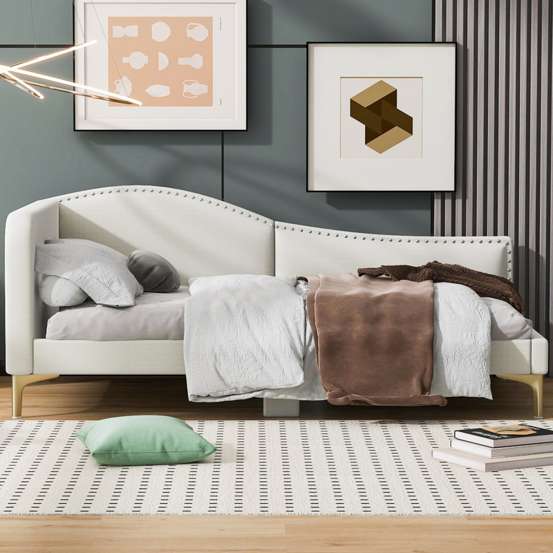 Upholstered Daybed With Headboard, Armrest And Support Legs, Ideal For Multi - Functional Use In Various Indoor Spaces, Beige