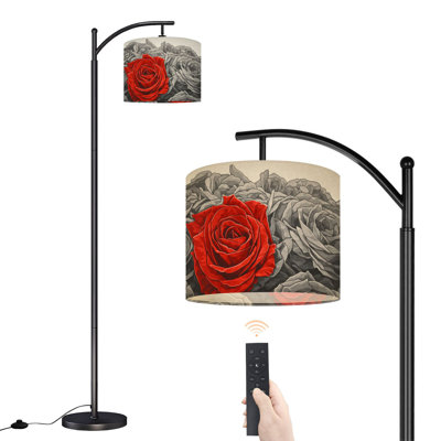 Lampe sur pied à arc avec abat-jour réglable Romantique rose rouge noir blanc roses Lampe sur pied 3 températures de couleur à intensité variable pour lampe