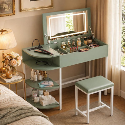 Vanity Desk With Flip Top Mirror And Lights, Makeup Vanity Desk With Drawers, Dressing Table With Storage Shelves & Charging Station, Small Vanity For Small Spaces, Green