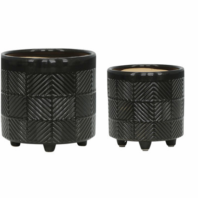 S/2 6/8" Textured Planters, Shiny Black