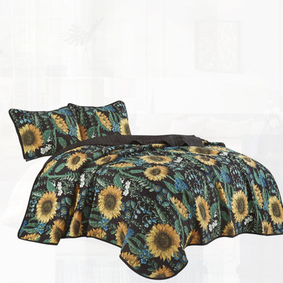Sunflower Reversible 3-Piece Microfiber Bedspread Set – Floral Print, King