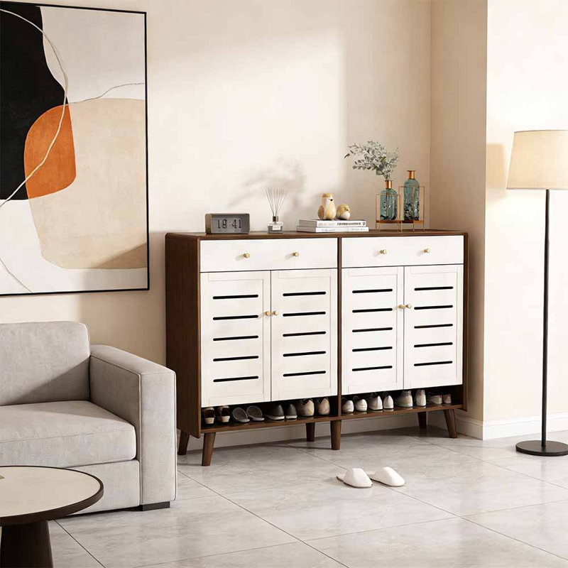 Italian-style breathable shoe cabinet, Dark Brown Wood/White