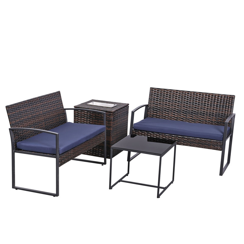 Ensemble de 4 canapés modulaires en osier de patio avec coussins lavables Pe, Bleu marine foncé, Brun