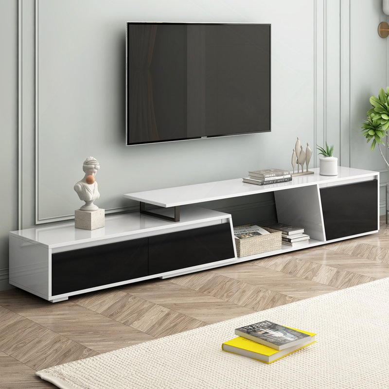 Meuble télé moderne, minimaliste, rectangulaire, extensible, avec 2 tiroirs et 1 armoire pour le salon, jusqu'à 100 po, White
