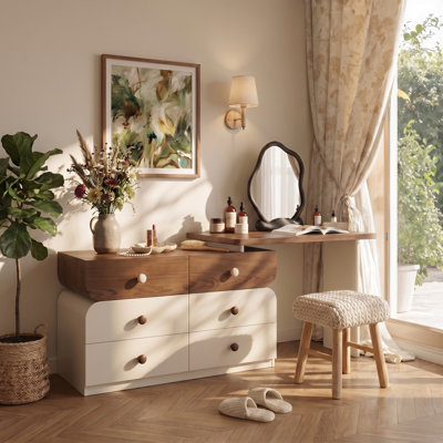 Modern Extendable Dressing Table with 6 Drawers, 47.24"-90" Expandable Makeup Vanity Desk, Large Storage Organizer for Bedroom, Brown & Cream Vanity Furniture