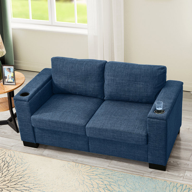 Accoudoirs carrés de 67,7 po de style moderne bleu avec porte-gobelet et rangement, sièges à ressorts hélicoïdaux pour le salon, coussins de poche confortables, structure en bois massif