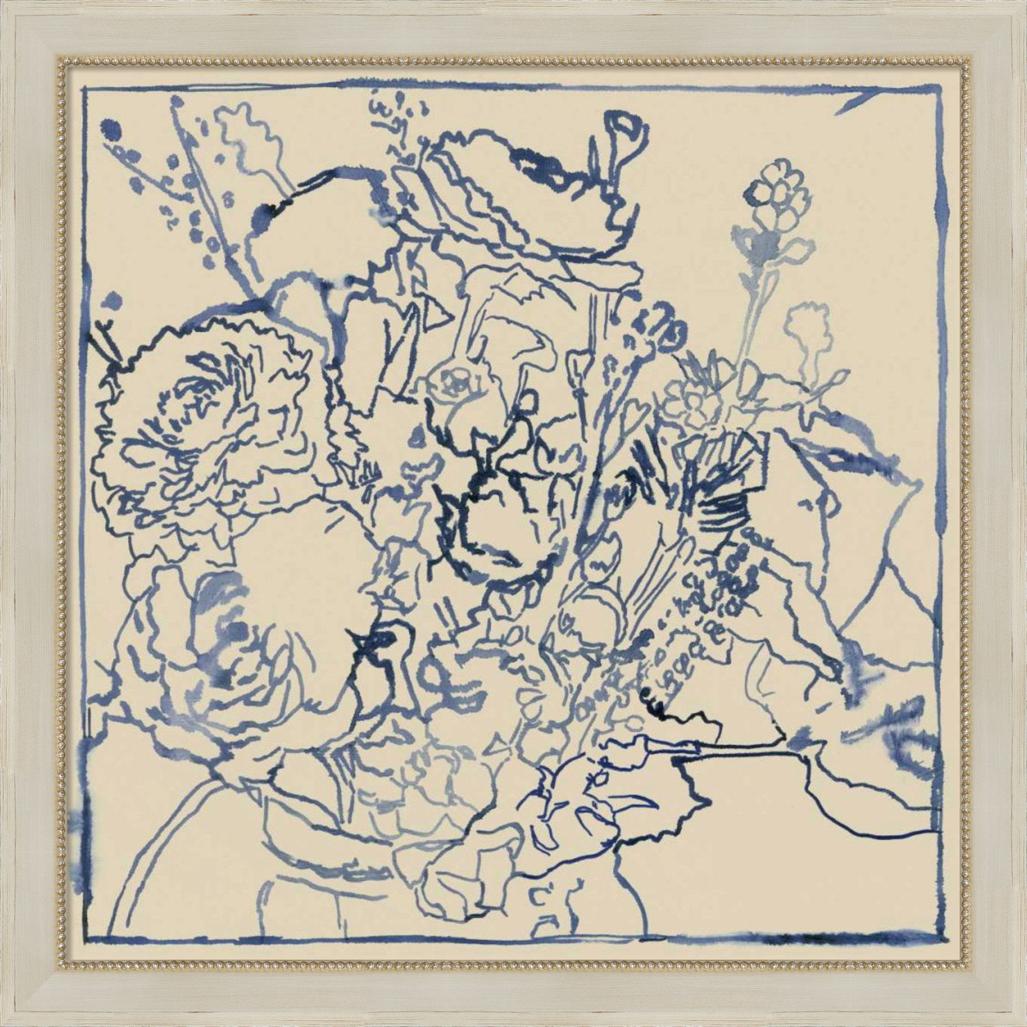 Indigo Floral Sketch by Megan Meagher, Cream, 36" W x 36" H