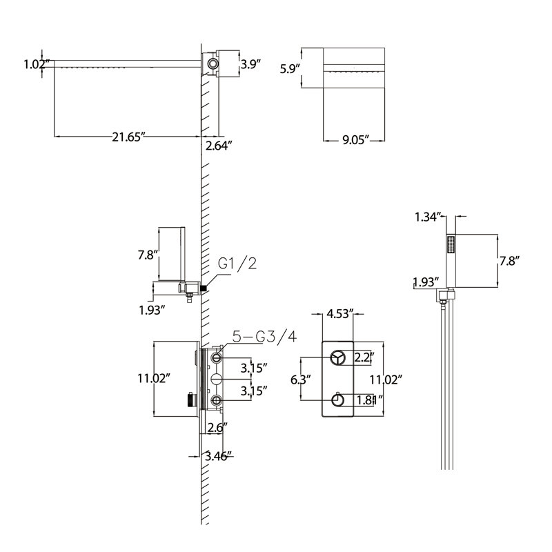 21.65*9.05" Thermostatic Digital Display Shower System, Wall Mounted High Flow Hand Shower and Two Functions Shower Head with Rough-in Valve