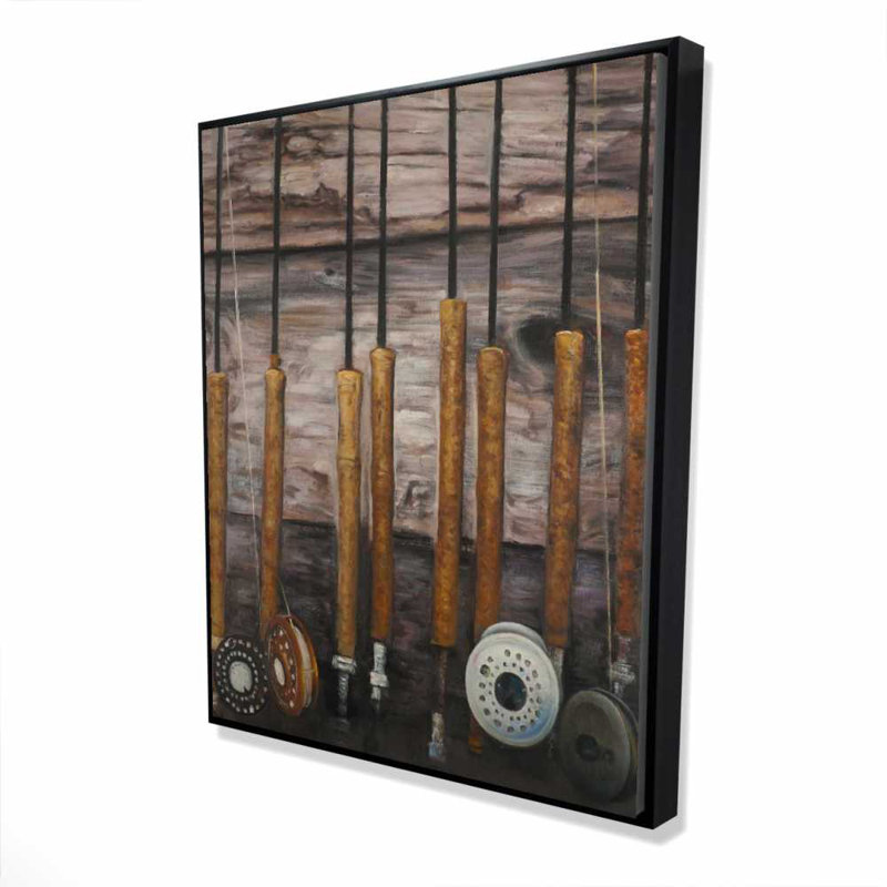 Cannes à pêche sur bois - Décoration sur toile encadrée rustique noire
