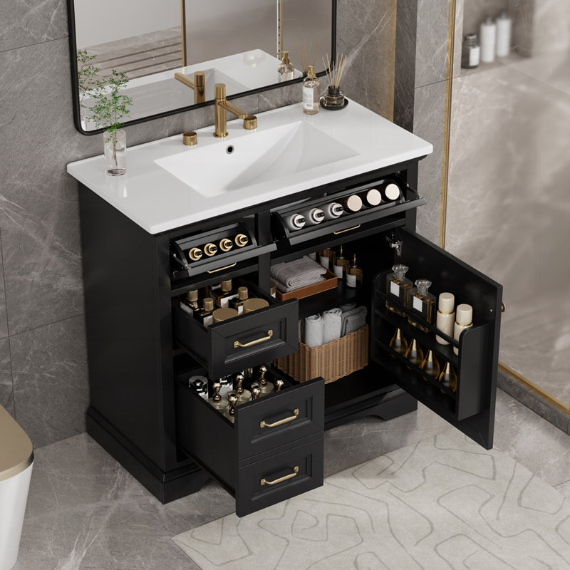 Meuble-lavabo de salle de bain avec lavabo en céramique à 4 tiroirs et poignées en métal, Noir