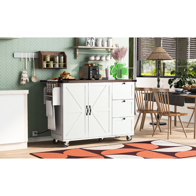 Grand îlot de cuisine de 54,5 po avec abattant et support à épices - chariot de rangement pour alimentation interne, White