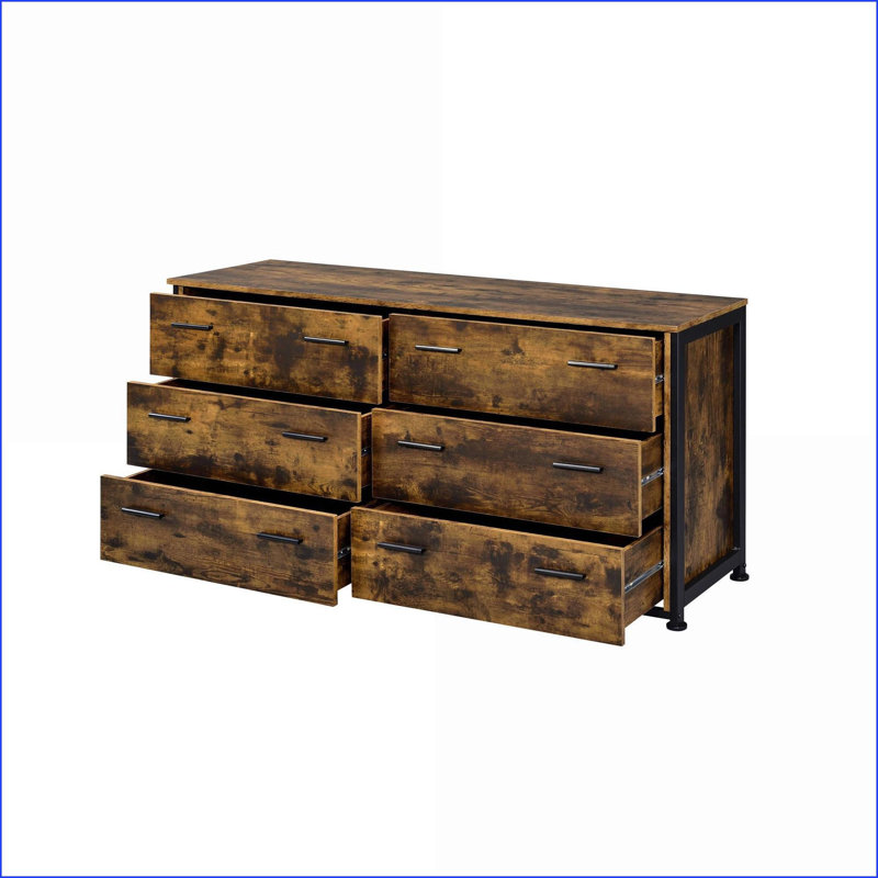 Commodes en chêne rustique industriel Cadre en métal noir à 6 tiroirs | Noyer | Bois synthétique