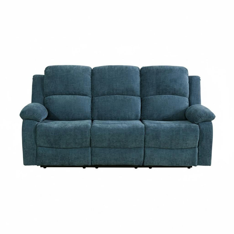 Canapé inclinable en tissu bleu clair à 3 places avec table rabattable et porte-gobelets, fauteuil inclinable manuel pour le salon, durable et confortable