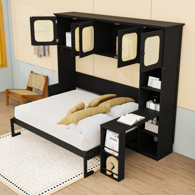 Wood Murphy Bed with Built-in-Desk and Cabinets