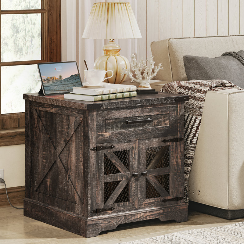  23.6"W Farmhouse End Table with Charging Station Square Wooden Nightstand Living Room End Table with Storage Cabinet