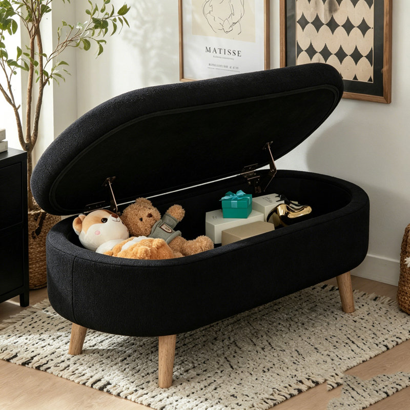 Banc de rangement avec repose-pieds ovale, Noir