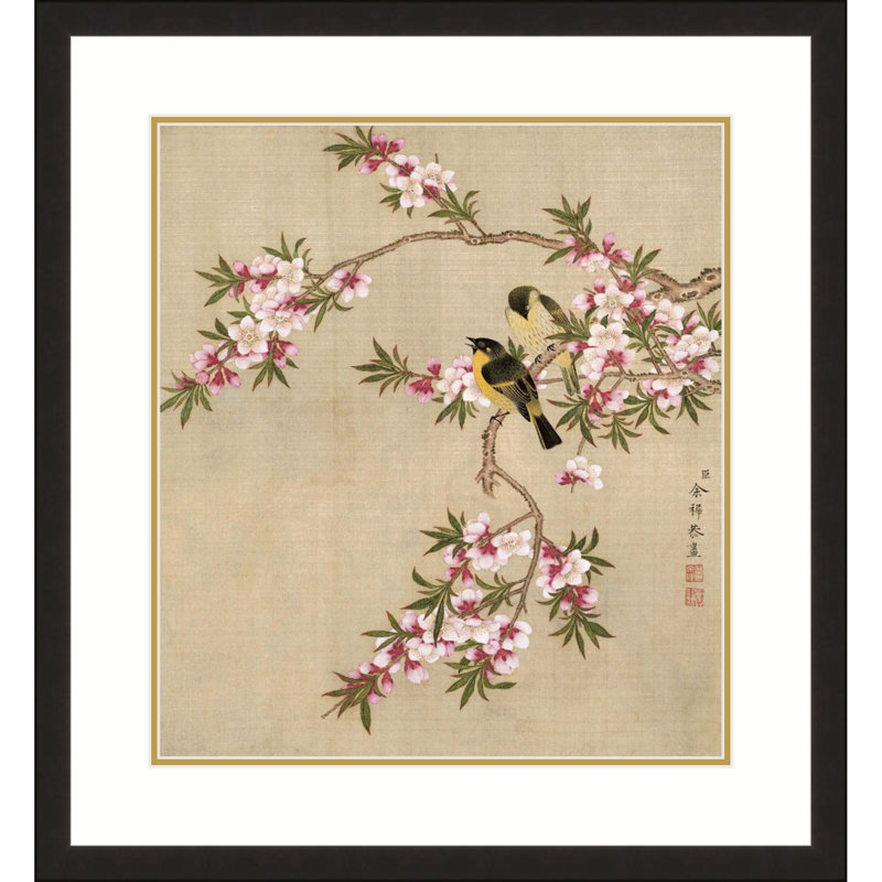Peach Blossoms and Yellow Sparrows by Yu Zhi - Single Picture Frame Print, Black, 17.5" H x 13.5" W x 0.94" D