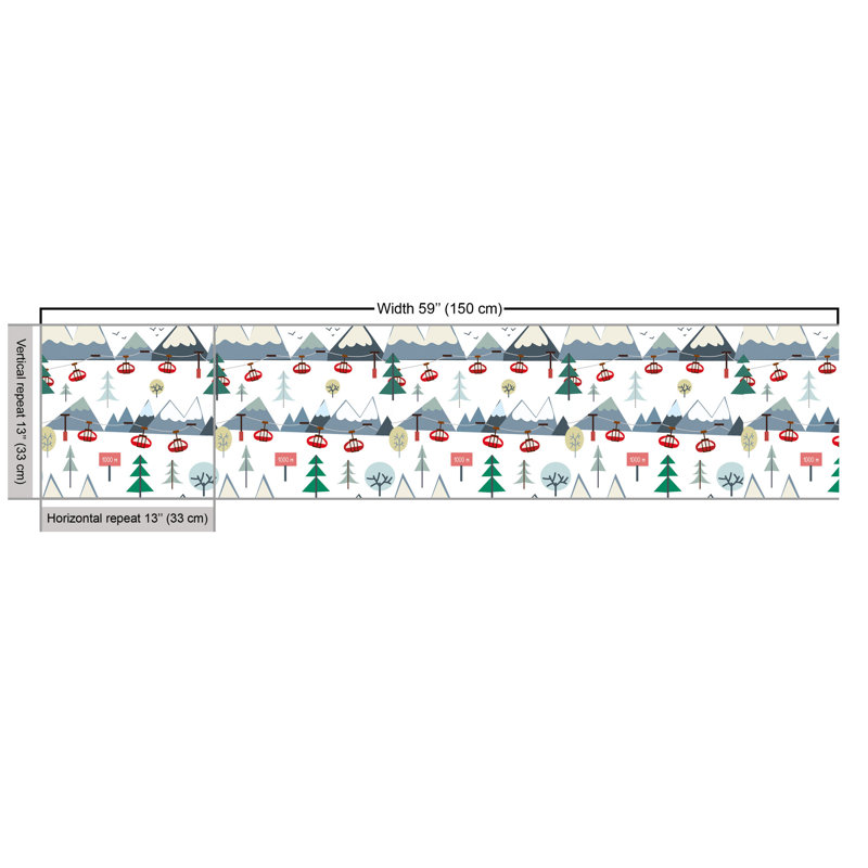 Tod Snow Capped Mountains Trees and Elevators Ski Resort Setting Fabric