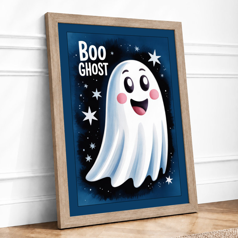 Cheerful Halloween Ghost Novelty - Framed Print, A2 - 59.4 x 42.0 cm, Oak