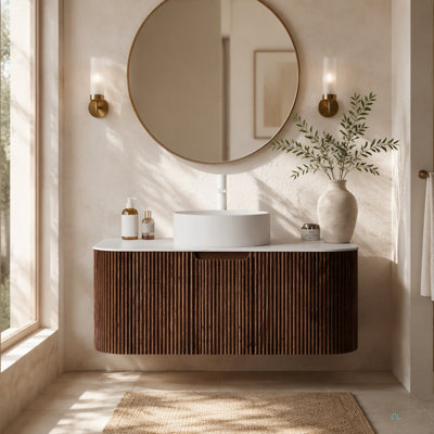 Meuble-lavabo de salle de bain de 91 cm (36 po), armoire de rangement flottante en contreplaqué rayé avec tiroir et bords incurvés, lavabo rond en céramique et dessus en pierre frittée, préassemblé