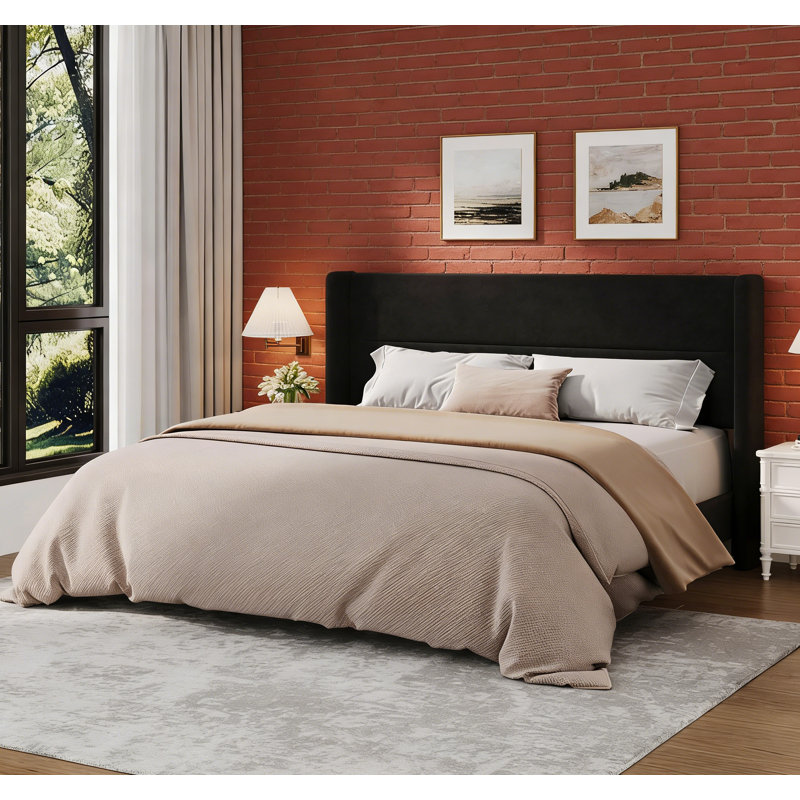Lit plateforme tapissier en velours, Noir, Grand lit