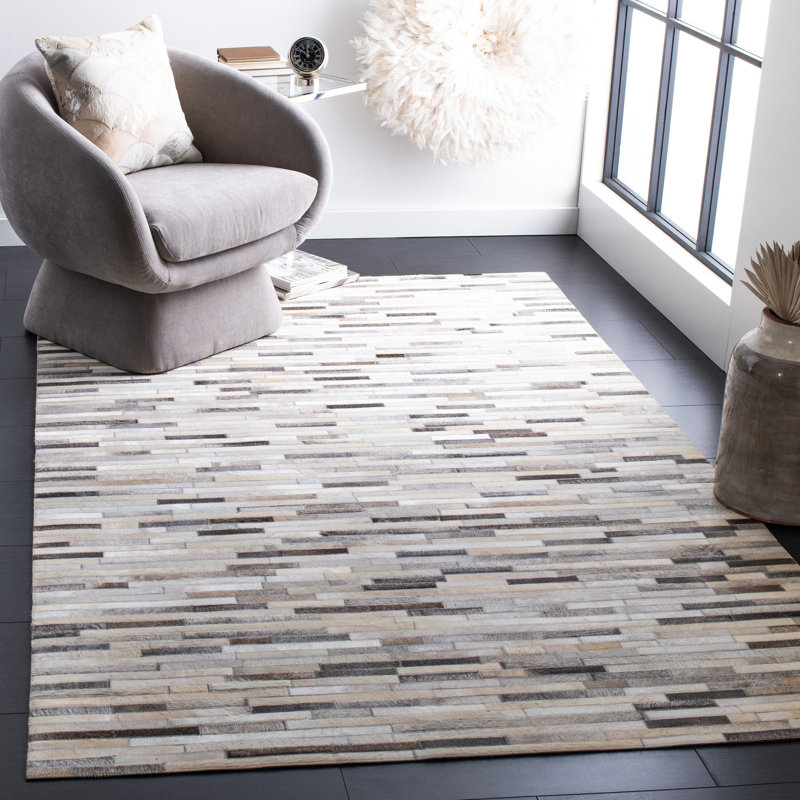 Sechrist Hand Woven Leather/Felted Cloth Abstract Rug in Gray/Ivory, Rectangle 5' x 8'