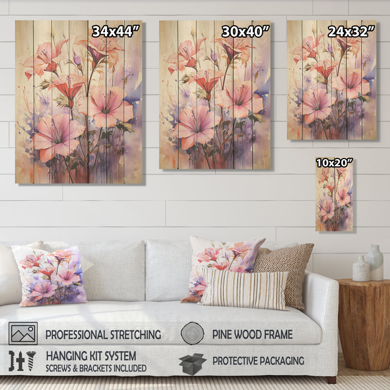 Motif de coquelicots roses et coraux III - coquelicots sur bois, H 44 po x l 34 po