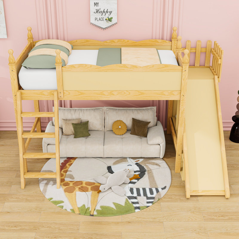 Lit mezzanine avec tablettes de rangement, garde-robe et glissade, Lit simple, Naturel