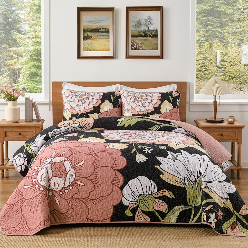Ensemble de courtepointe 3 pièces Floral Botanical Boho Farmhouse, Noir / Rose