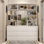 Élégante armoire décorative avec miroir intégré, grands tiroirs de rangement et tablettes ouvertes pour la présentation