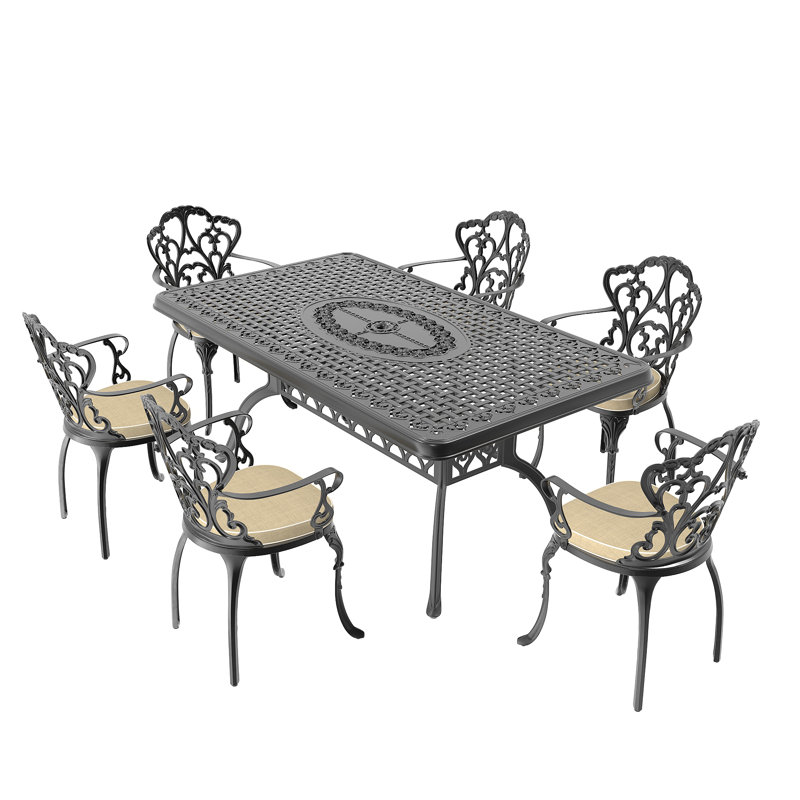 Ensemble de 7 pièces de mobilier de patio en aluminium coulé avec cadre noir et coussins de siège blanc cassé