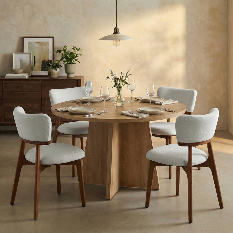 Rohun 47.2"L Round Modern Kitchen Dining Table Set With 32.1"H Dining Chair, Light Brown, Light Gray