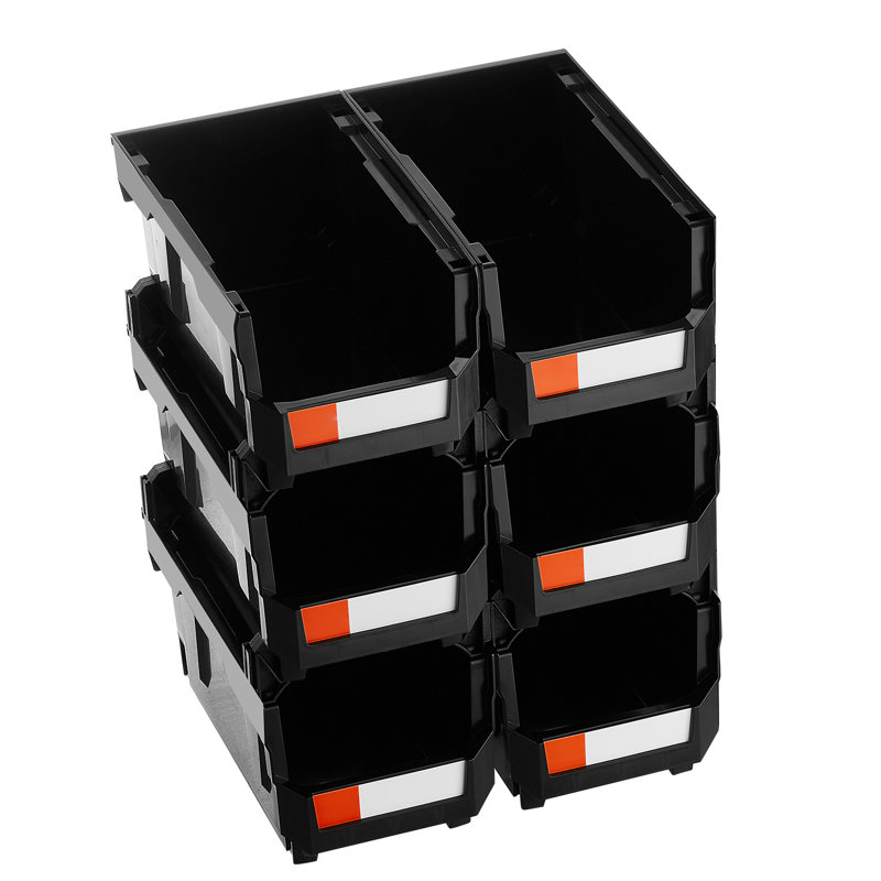 Bacs de rangement en plastique empilables, 14,8 x 8,5 x 7,1 pouces (paquet de 6), contenants en plastique pour organiser et bacs de rangement pour placard, garage, petites pièces, fournitures de bureau et autres accessoires, noir